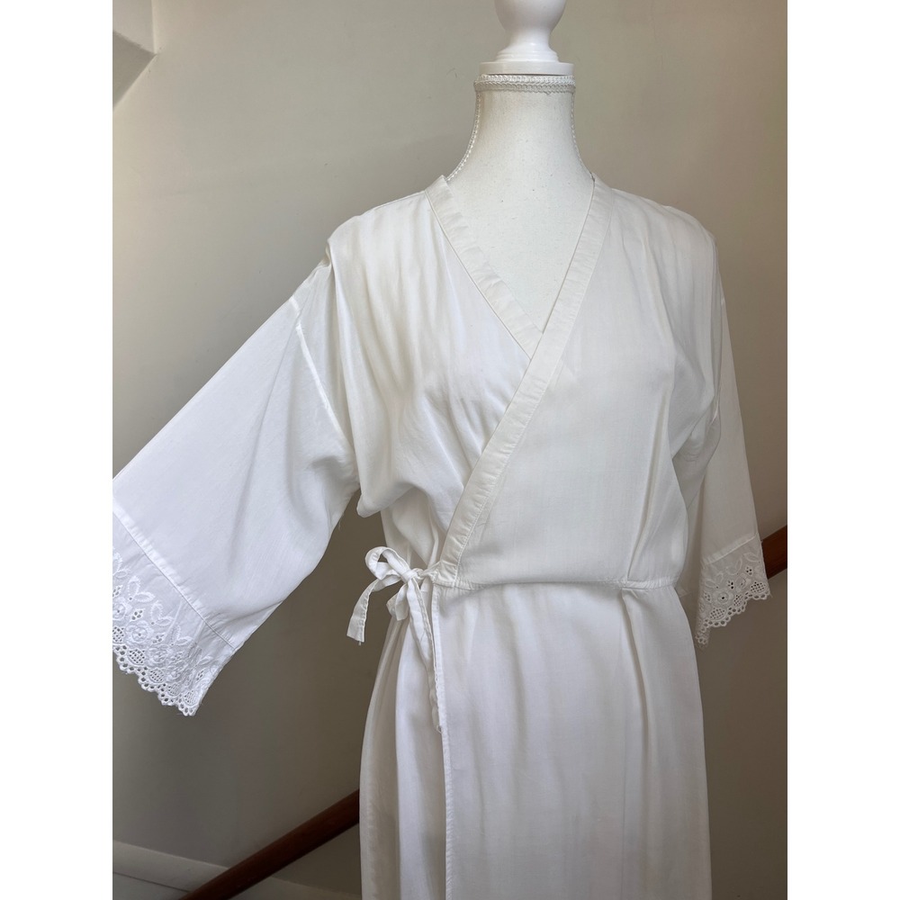 Vintage White Cotton Lace Trim Wrap Kimono Robe Dress‎ Maxi Victorian Angel